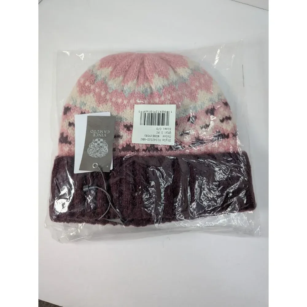 Vince Camuto Knit Brushed Fair Isle Beanie Color Wine‎ Winter Cold Weather Hat